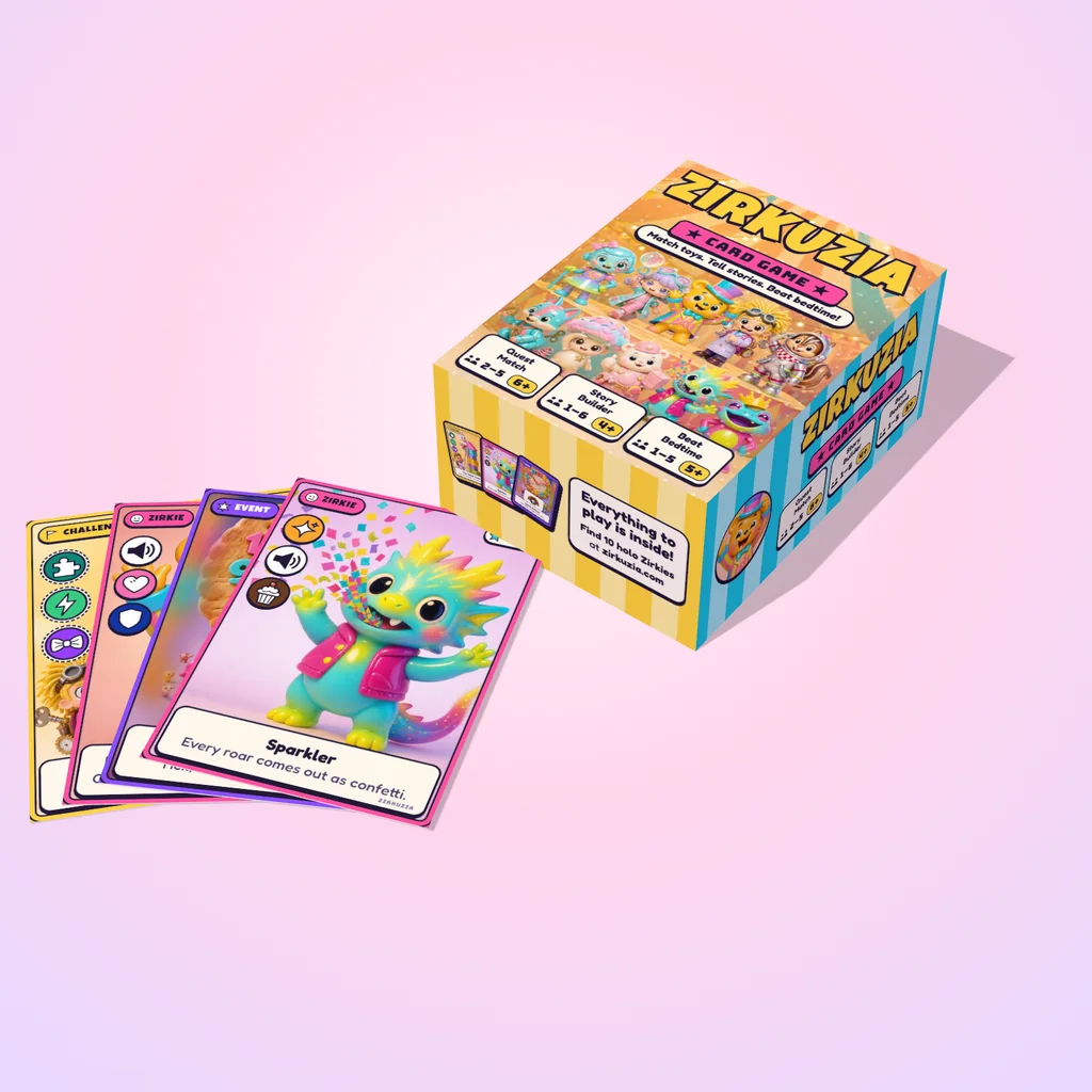 The Zirkuzia box: a sturdy lid box with the whole circus on top, next to four cards