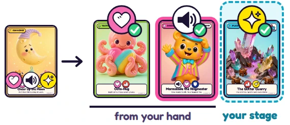 The Challenge needs a heart, a speaker and a star. Two cards from your hand and one on your stage bring exactly those, and one of them is a Zirkie