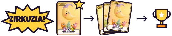 A ZIRKUZIA! burst, the won Challenge, a pile of three Challenges and a trophy