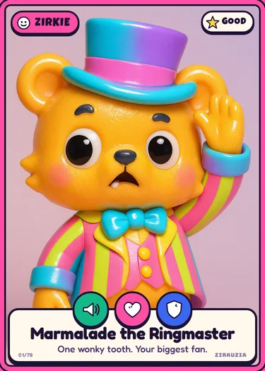 Marmalade the Ringmaster: One wonky tooth. Your biggest fan. Icons: noisy, cuddly, brave.