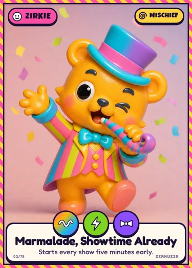 Marmalade, Showtime Already: Starts every show five minutes early. Icons: wobbly, speedy, fancy.