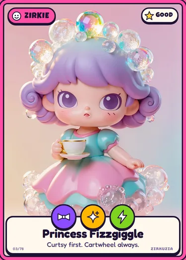Princess Fizzgiggle: Curtsy first. Cartwheel always. Icons: fancy, sparkly, speedy.