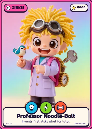 Professor Noodle-Bolt: Invents first. Asks what for later. Icons: clever, speedy, strong.