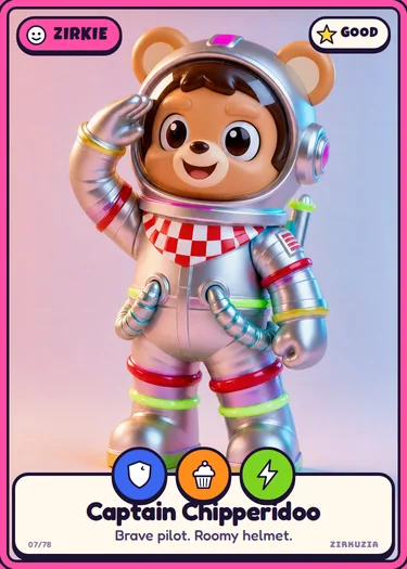 Captain Chipperidoo: Brave pilot. Roomy helmet. Icons: brave, tasty, speedy.