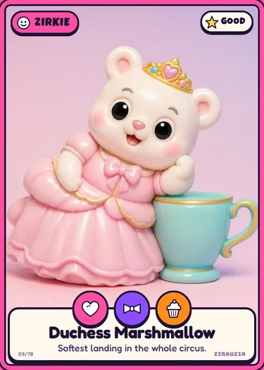 Duchess Marshmallow: Softest landing in the whole circus. Icons: cuddly, fancy, tasty.