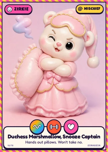 Duchess Marshmallow, Snooze Captain: Hands out pillows. Won't take no. Icons: wobbly, strong, cuddly.