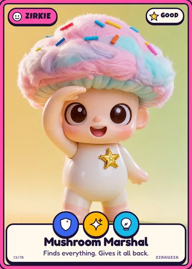 Mushroom Marshal: Finds everything. Gives it all back. Icons: brave, sparkly, clever.