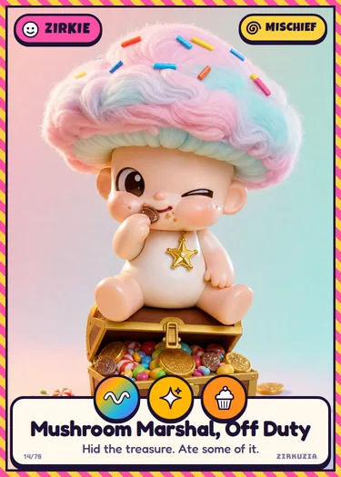 Mushroom Marshal, Off Duty: Hid the treasure. Ate some of it. Icons: wobbly, sparkly, tasty.