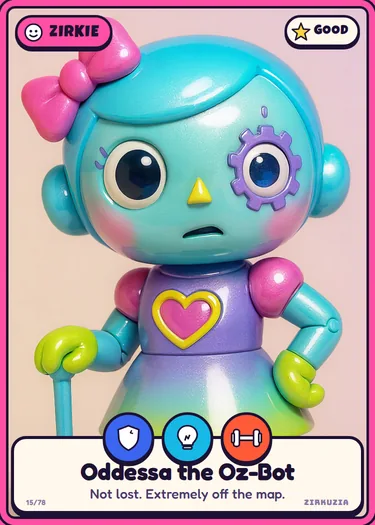 Oddessa the Oz-Bot: Not lost. Extremely off the map. Icons: brave, clever, strong.