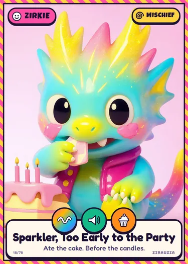 Sparkler, Too Early to the Party: Ate the cake. Before the candles. Icons: wobbly, noisy, tasty.