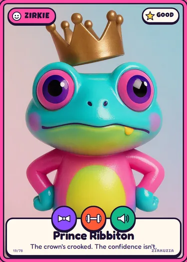 Prince Ribbiton: The crown's crooked. The confidence isn't. Icons: fancy, strong, noisy.
