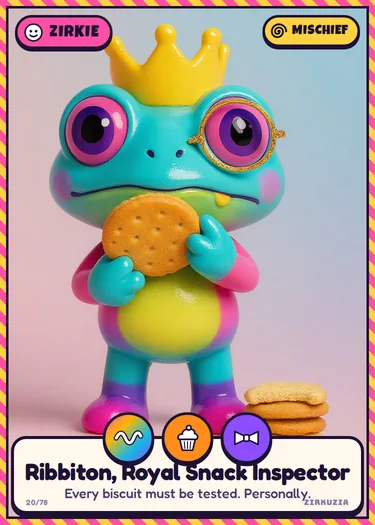 Ribbiton, Royal Snack Inspector: Every biscuit must be tested. Personally. Icons: wobbly, tasty, fancy.