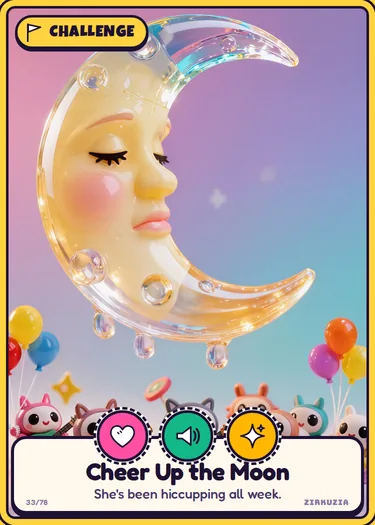 Cheer Up the Moon: She's been hiccupping all week. Icons: cuddly, noisy, sparkly.