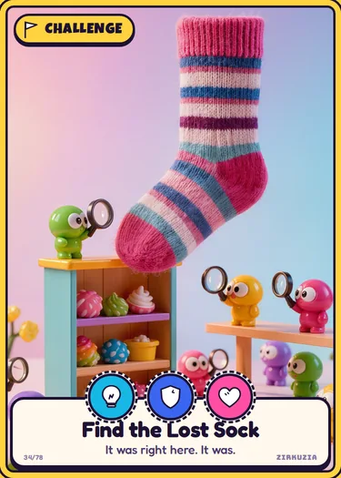 Find the Lost Sock: It was right here. It was. Icons: clever, brave, cuddly.