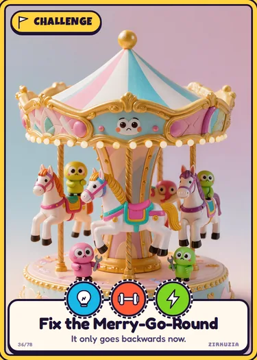 Fix the Merry-Go-Round: It only goes backwards now. Icons: clever, strong, speedy.