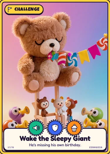 Wake the Sleepy Giant: He's missing his own birthday. Icons: noisy, brave, tasty.