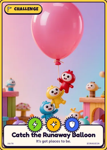 Catch the Runaway Balloon: It's got places to be. Icons: speedy, sparkly, brave.
