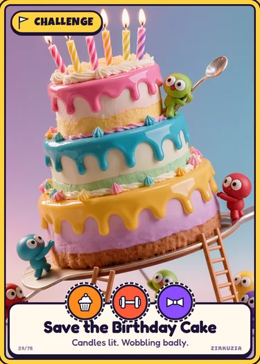 Save the Birthday Cake: Candles lit. Wobbling badly. Icons: tasty, strong, fancy.