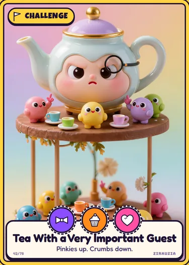 Tea With a Very Important Guest: Pinkies up. Crumbs down. Icons: fancy, tasty, cuddly.