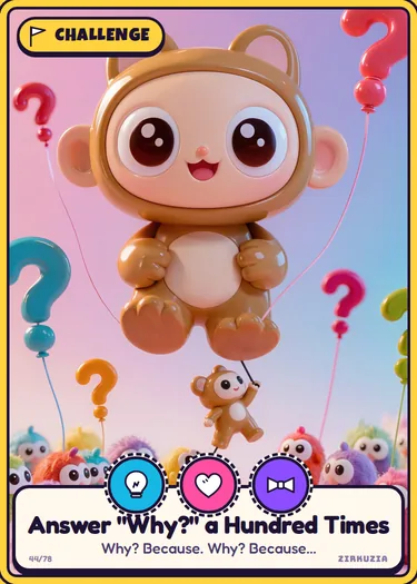 Answer "Why?" a Hundred Times: Why? Because. Why? Because... Icons: clever, cuddly, fancy.