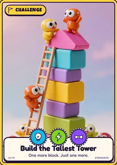 Build the Tallest Tower: One more block. Just one more. Icons: clever, speedy, fancy.