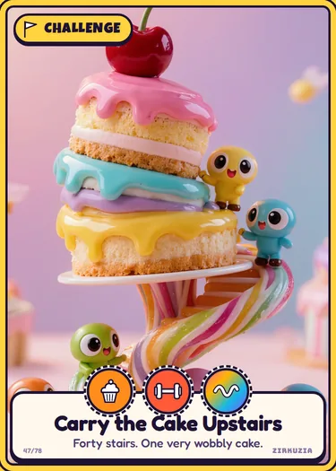 Carry the Cake Upstairs: Forty stairs. One very wobbly cake. Icons: tasty, strong, wobbly.