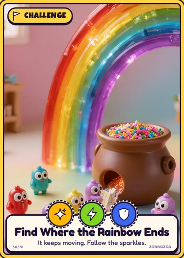 Find Where the Rainbow Ends: It keeps moving. Follow the sparkles. Icons: sparkly, speedy, brave.