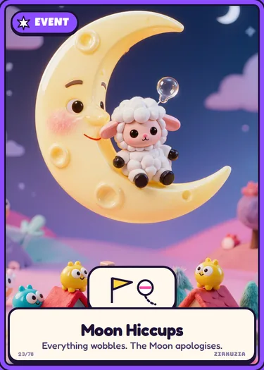 Moon Hiccups: Everything wobbles. The Moon apologises. One icon falls off the Challenge. You pick which.