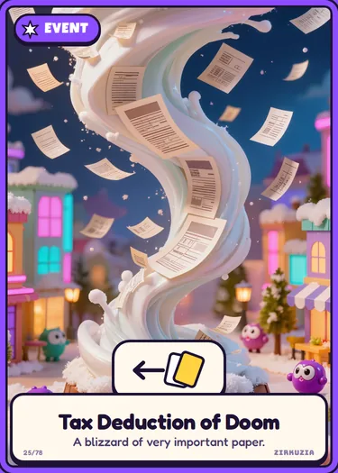 Tax Deduction of Doom: A blizzard of very important paper. Everyone passes one card left.