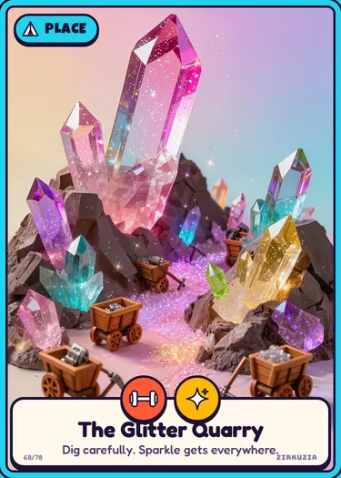 The Glitter Quarry: Dig carefully. Sparkle gets everywhere. Icons: strong, sparkly.