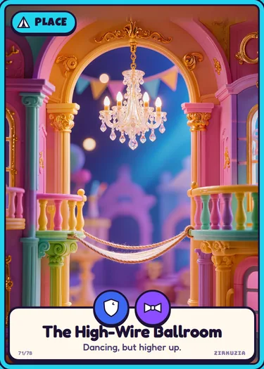 The High-Wire Ballroom: Dancing, but higher up. Icons: brave, fancy.