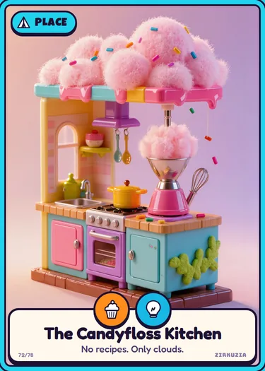 The Candyfloss Kitchen: No recipes. Only clouds. Icons: tasty, clever.