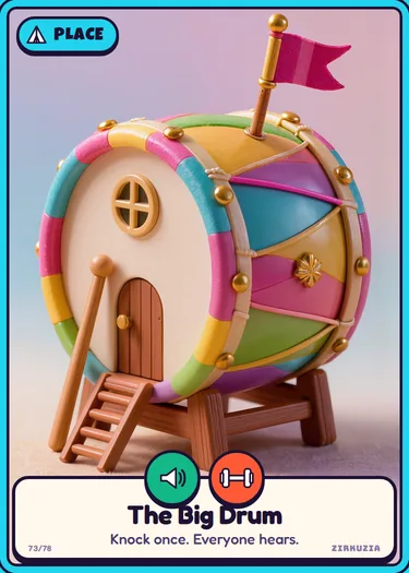 The Big Drum: Knock once. Everyone hears. Icons: noisy, strong.