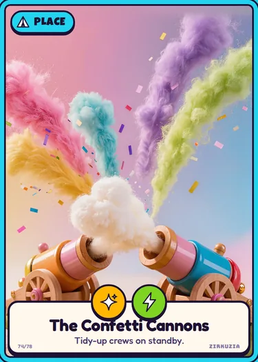 The Confetti Cannons: Tidy-up crews on standby. Icons: sparkly, speedy.