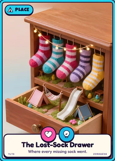 The Lost-Sock Drawer: Where every missing sock went. Icons: cuddly, clever.