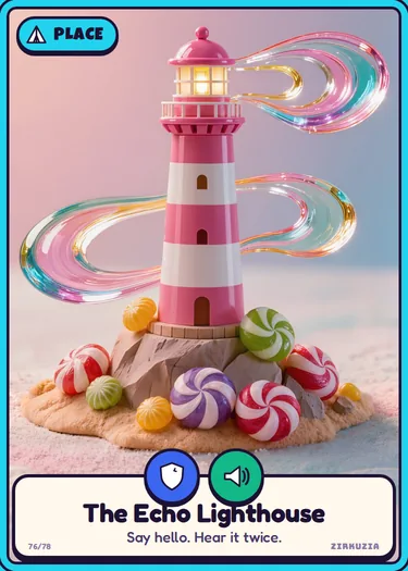 The Echo Lighthouse: Say hello. Hear it twice. Icons: brave, noisy.