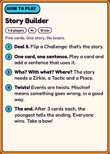 How to play: Story Builder: Five cards. One story. No losers.