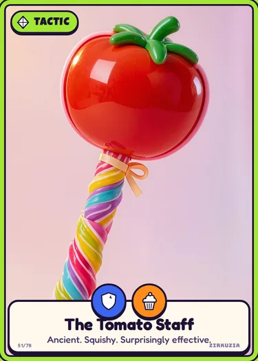The Tomato Staff: Ancient. Squishy. Surprisingly effective. Icons: brave, tasty.