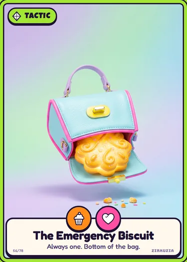 The Emergency Biscuit: Always one. Bottom of the bag. Icons: tasty, cuddly.