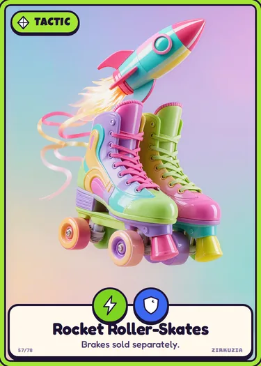 Rocket Roller-Skates: Brakes sold separately. Icons: speedy, brave.