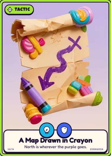 A Map Drawn in Crayon: North is wherever the purple goes. Icons: clever, brave.
