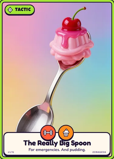 The Really Big Spoon: For emergencies. And pudding. Icons: strong, tasty.