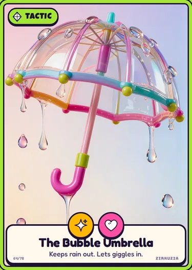The Bubble Umbrella: Keeps rain out. Lets giggles in. Icons: sparkly, cuddly.