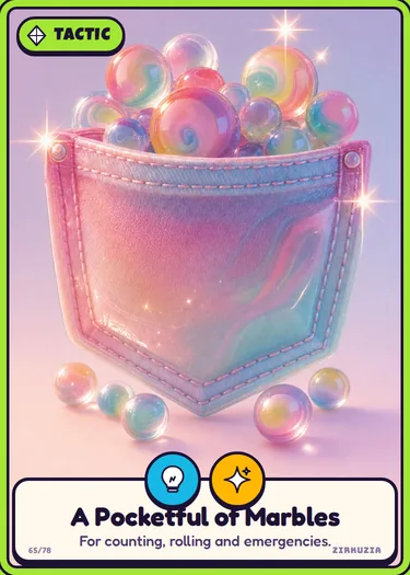 A Pocketful of Marbles: For counting, rolling and emergencies. Icons: clever, sparkly.